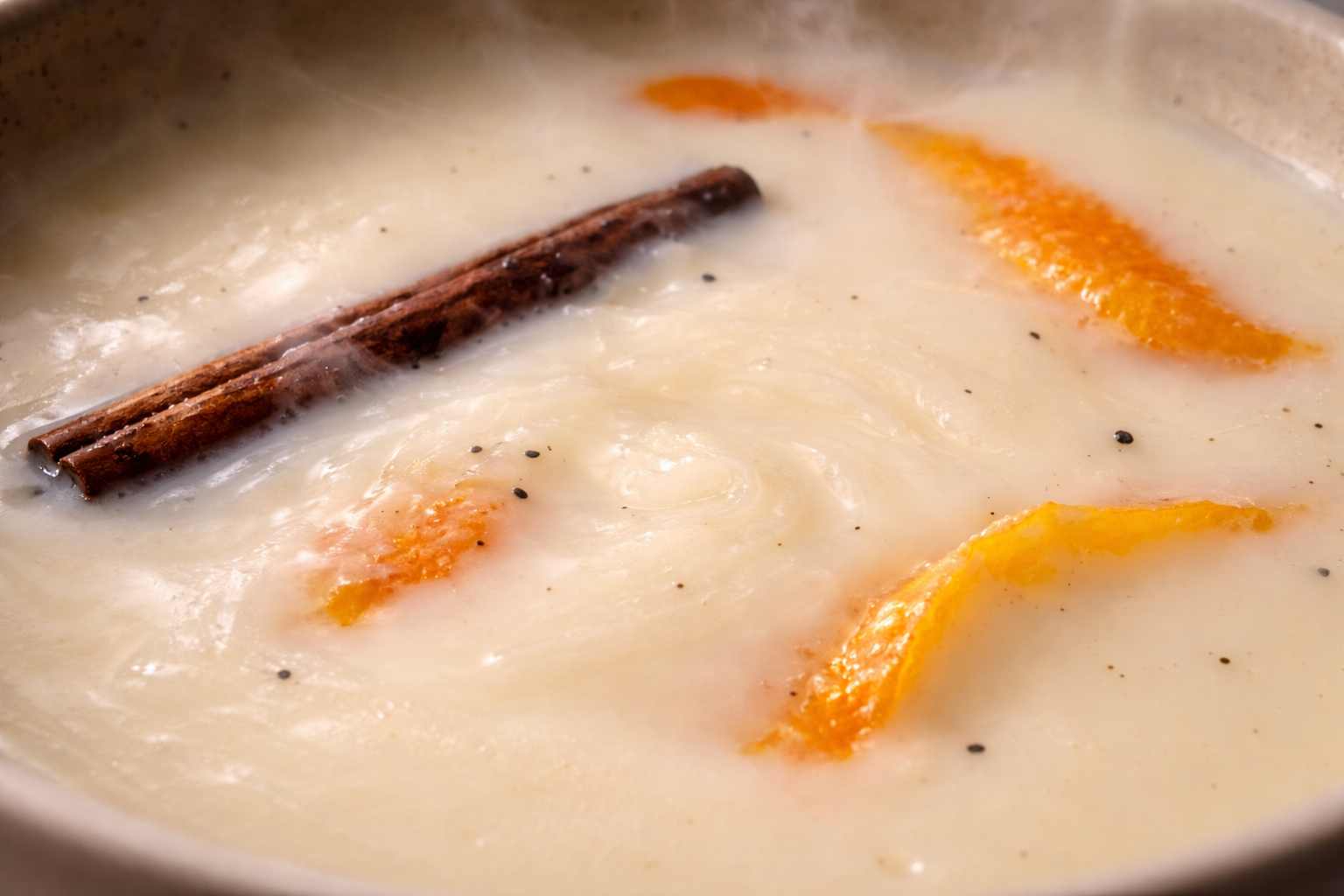Creamy dessert with orange zest and a cinnamon stick in a bowl