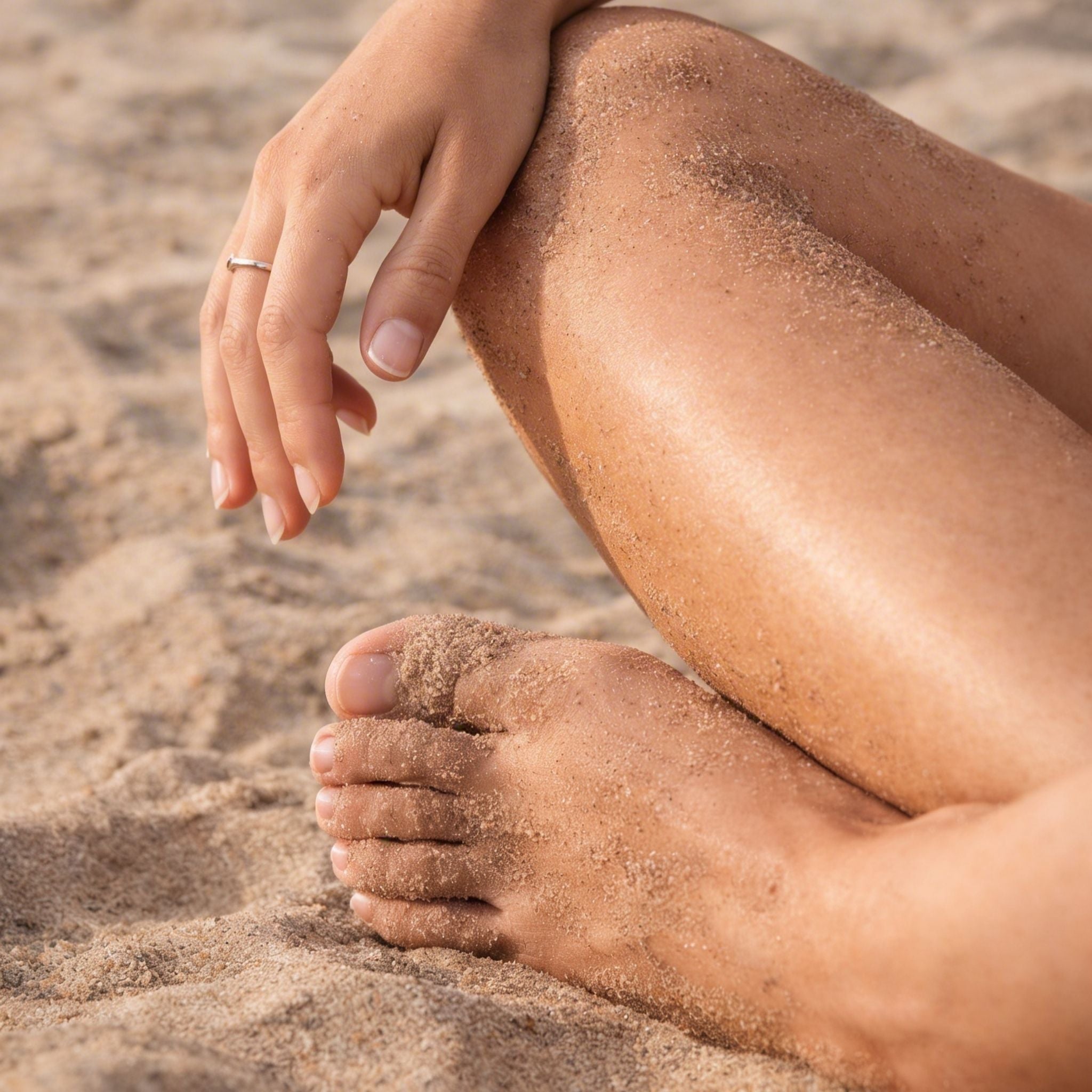 Close-up of a person's feet and hand on a sandy surface